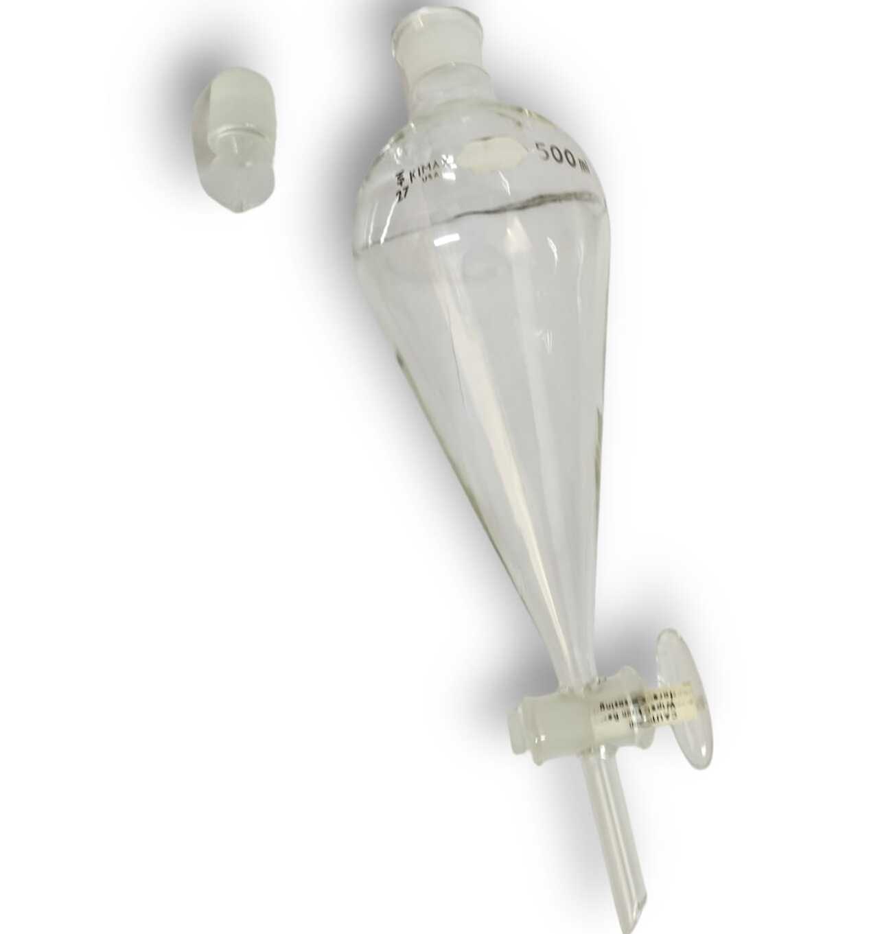 Embudo de separación squibb, forma de pera. Tapón y llave vidrio.