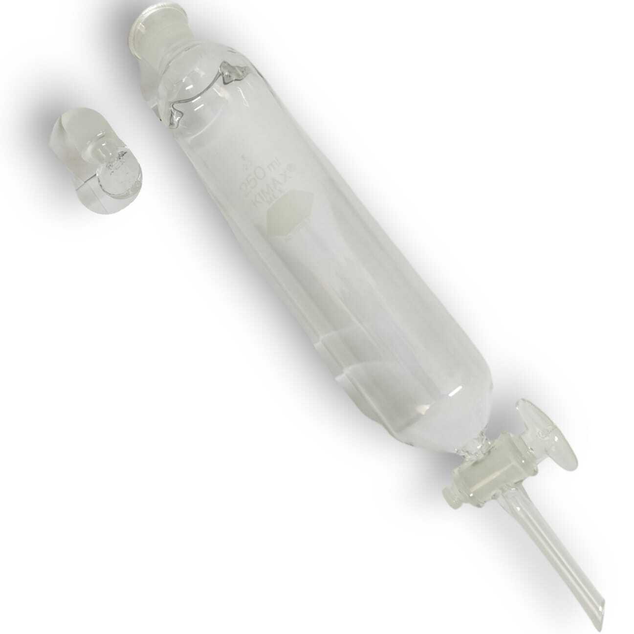 Embudo de separación cilíndrico, tapón vidrio, llave de vidrio.