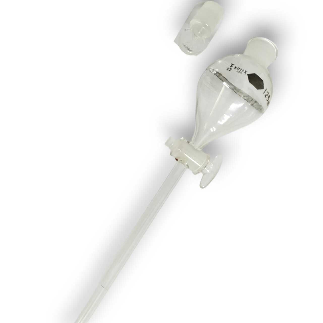 Embudo de separación forma globo, tapón vidrio, llave de vidrio.