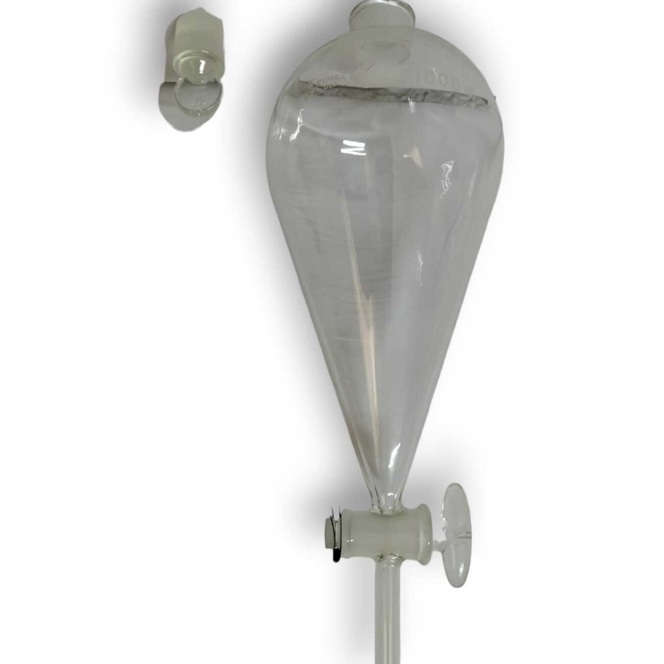Embudo de separación squibb, forma de pera. Tapón y llave vidrio.