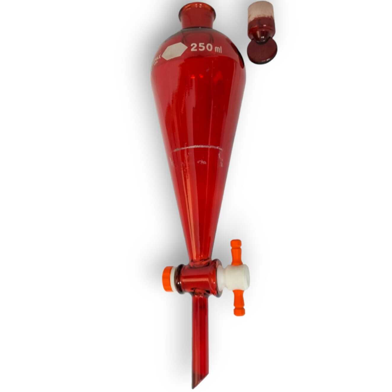Embudo de separación squibb, forma de pera, tapón vidrio, llave PTFE. AMBAR