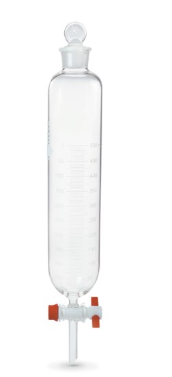 Embudo de separación cilíndrico, tapón vidrio, llave PTFE graduado