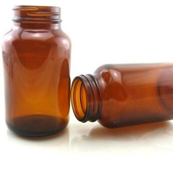 Frasco ámbar boca ancha sin tapón. 